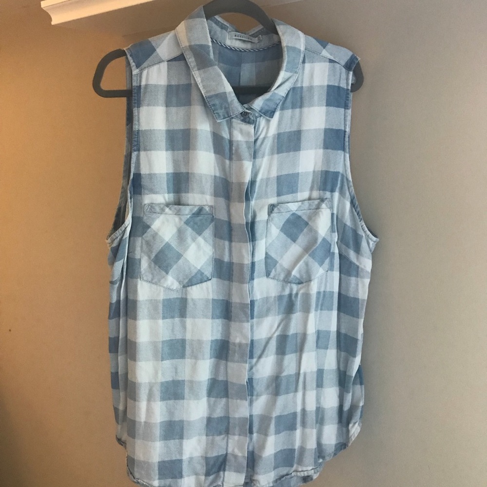 Blue Jean Plaid Sleeveless Button Up Top